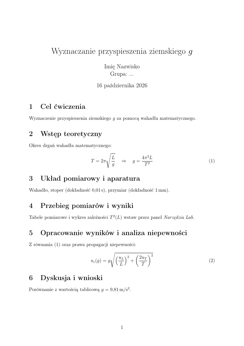 Szablon sprawozdania z fizyki w LaTeX: podgląd pierwszej strony PDF